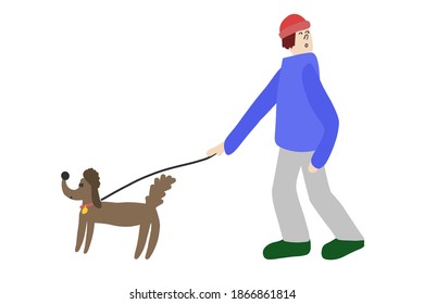 Outdoor winter activity vector illustration. Guy is walking dog. Isolated cartoon character on a white background.