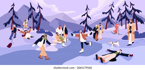 Outdoor winter fun. Happy adult people and kids during holiday activities in snow in cold weather. December landscape with men, women and children skiing, skating and walking. Flat vector illustration