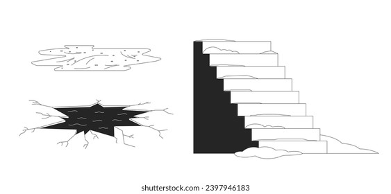 Outdoor winter weather hazards black and white 2D line cartoon objects set. Slippery stairs, broken ice hole, frozen puddle isolated vector outline items pack. Monochromatic flat spot illustrations