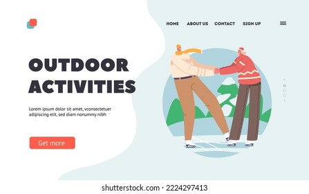 Outdoor Wintertime Activities Landing Page Template. Couple Christmas Vacation Spare Time. Happy Loving Pair in Warm Clothes Holding Hands Skating on Frozen Pond. Cartoon Vector Illustration