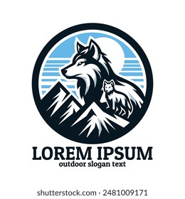 Outdoor Wolf mountain logo illustration, wolf with mountain illustration badge, fox outdoor badge