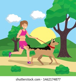 outdoor woman running with dog in the park activity vector illustration