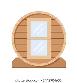 outdoor wooden barrel sauna; relaxation, rejuvenation,for wellness retreat websites, campingglamping brochures, or outdoor lifestyle magazines, relaxation experiences- vector illustration