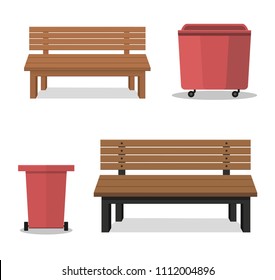 Outdoor wooden benches with garbage can.Outer wooden benches. Vector illustration of a beautiful summer city park with an urban design background. For relax. Outdoor wooden benches with garbage can.