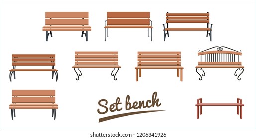 Outdoor wooden benches. isolated on white background. brown vector bench in flat style. Set Vector illustration.