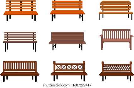 Outdoor wooden benches. isolated on white background. brown vector bench in flat style. Set Vector illustration.