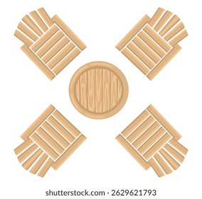 Outdoor wooden chairs with table. Entourage design. Furniture for architectural landscape plans. Vector.
