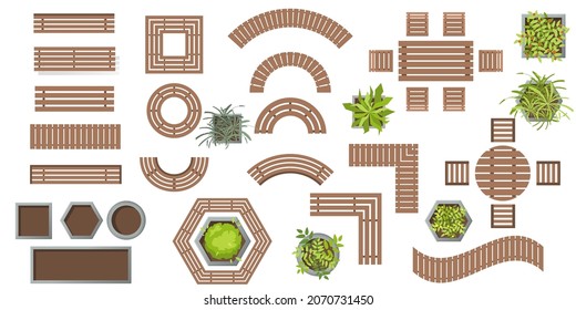 Outdoor wooden furniture. Wooden benches and plants in pots top view. Set of vector for landscape design . Collection of Architectural elements, plants, trees, tables, benches, chairs in flat style