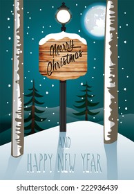 Outdoor wooden Merry Christmas sign. Winter holidays landscape.Text Happy new year, written on snow.