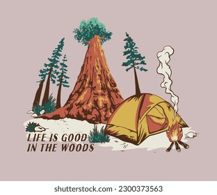 outdoor woods camping vector illustration, pine tree vector, woods camping design, summer camping, forest campfire print design for t shirt, sticker, poster