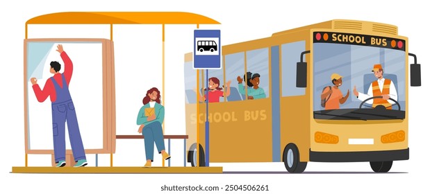 Outdoor Workers And Children Characters Interacting At A Bus Stop With A School Bus. Vibrant Cartoon Vector Illustration Includes A Male Worker Installing An Advertisement And A Woman Waiting On Bench