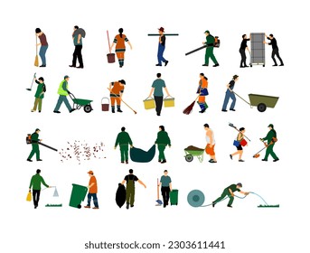 Trabajadores al aire libre. Granjero, jardinero, servicio de limpieza de paisajistas, actividad de riego de tierras ilustraciones vectoriales. Corte de recortes de hierba. Recolección de hojas y basura, trabajadores del transporte industrial