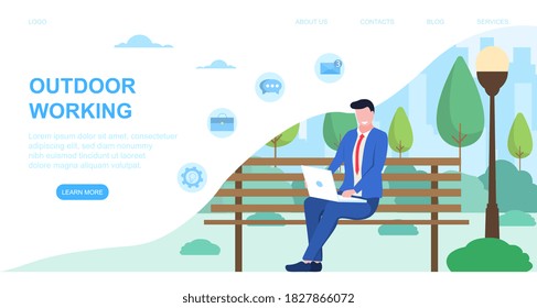 Outdoor working concept with a man working on a laptop on a bench in the park. Flat cartoon vector illustration. Web page or web site template