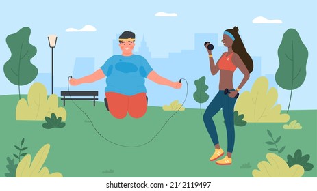 Outdoor workout boy with personal trainer. Fitness weight loss exercising in park, healthy active life flat vector illustration