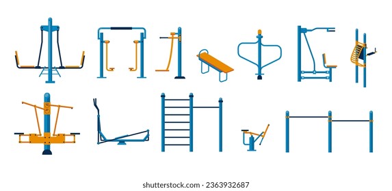 Outdoor workout equipment. Fitness gym equipment for park ground, playground and street. Cartoon fitness gym machine and active lifestyle concept of fitness workout equipment