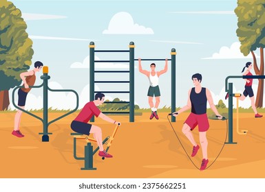 Outdoor workout group. People running and stretching, fitness athletes doing exercises in park, cartoon gym scene with barbells of sport exercise workout illustration