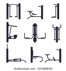 Outdoor workout machine black silhouette. Street gym sport background elements. Isolated on white.