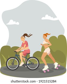 Outdoor workout set. Roller skating, cycling. Physical fitness for weight loss, fat loss. healthy lifestyle and sports concept. Vector.