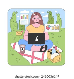 Outdoor workspace concept. Woman with laptop sits on picnic blanket in a park, amidst floating business graphics, coffee, and lunchbox. Work-life balance and nature. Flat vector illustration.