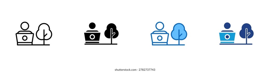 Outdoor Workspace Multiple Style Icon Design Vector - Person with laptop near tree representing outdoor work, mobile productivity, and flexible working lifestyle