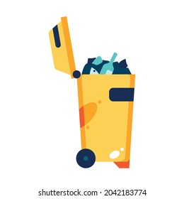 Outdoor yellow rubbish container full of trash flat vector illustration