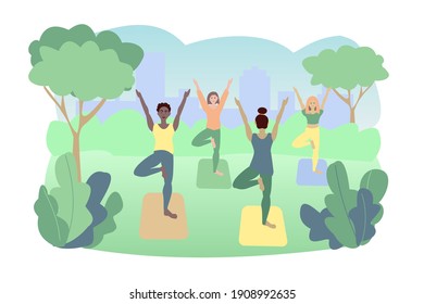 Outdoor yoga in city park Four young woman do exercises Vector illustration