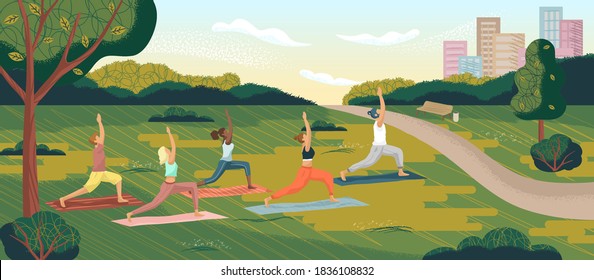 Outdoor Yoga Class In City Park. Yoga Exercise Concept Vector Illustration. Young Women Training Together With Male Instructor, Cartoon Characters. Healthy Lifestyle, Sport Activity