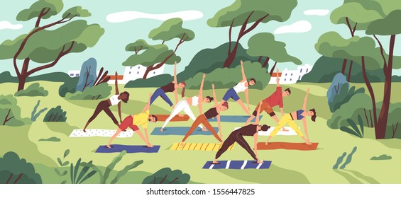 Outdoor Yoga Class Flat Vector Illustration. Young Women In Sportswear Training Together In City Park Cartoon Characters. Healthy Lifestyle, Active Recreation. Open Air Workout, Physical Exercising.