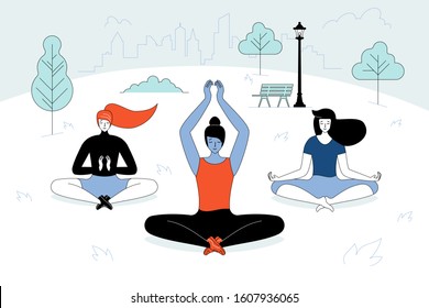 Outdoor yoga class flat vector illustration. Young women in sportswear cartoon characters. Girls sitting in lotus pose, meditating in park. Healthy lifestyle, fresh air activity, pilates training