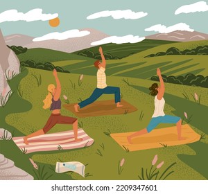 Outdoor yoga class in nature mountain landscape. Yoga exercise concept vector illustration. Man and woman training together, cartoon characters. Healthy lifestyle, sport activity