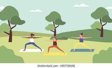 Outdoor yoga class. Young women doing yoga in sportswear in city park in spring time. Healthy lifestyle, fresh open air workout. Vector illustration in cartoon flat style.