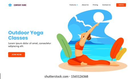 Outdoor Yoga Classes concept based landing page design with young girl doing yoga in aswaasanchal asana pose on beach view background.