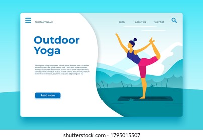Outdoor yoga classes landing page. Yoga outdoor banner, healthy sport lifestyle web page, vector illustration. Sport landing page