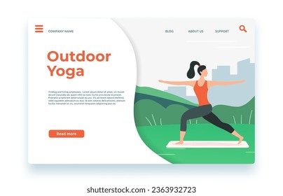 Outdoor yoga classes landing page, meditation at morning. Vector of yoga lifestyle, fitness healthy exercise illustration, woman pose at website