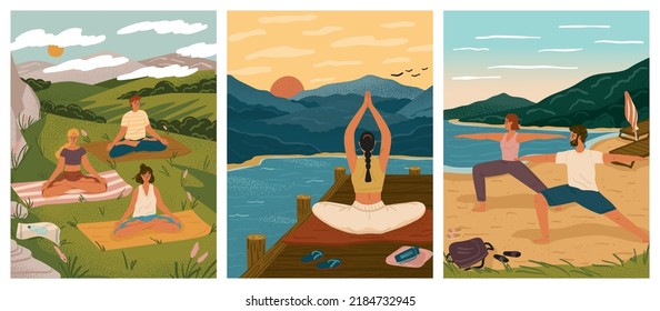 Ilustración vectorial del concepto de yoga al aire libre. Mujeres y hombres entrenando juntos en una playa. Estilo de vida saludable, recreación activa. La gente medita en la pose del yoga del loto. Meditación matutina en un hermoso paisaje