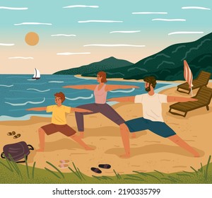 Outdoor Yoga Concept Vector Illustration. Happy Family Training Together On A Beach. Healthy Lifestyle, Active Recreation. Morning Meditation With Beutiful Sea Landscape