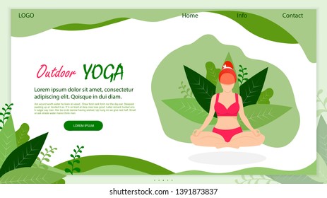 Outdoor Yoga. Curvy Flexible Sporty Plus Size Young Woman Doing Asana on Nature. Girl in Lotus Position on Green Leaves Background. Body Love. Cartoon Flat Vector Illustration, Banner, Landing Page