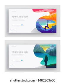 Outdoor Yoga or Fitness and Traveling Hiking Hobby Website Landing Page. Silhouette of Flexible Woman Handstand and Traveler with Backpack on Nature Web Page Banner. Cartoon Flat Vector Illustration