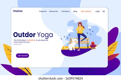 outdoor yoga landing page template. Modern flat design concept for web sites. Women doing yoga, yoga poses with pet dogs. Flat illustration vector design concept