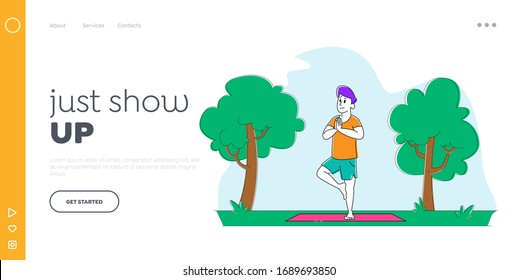 Outdoor Yoga Landing Page Template. Yoga Practice. Character Stand on One Leg Engage Fitness at Park Landscape. Aerobics Healthy Sport Lifestyle, Pilates Workout Training. Linear Vector Illustration