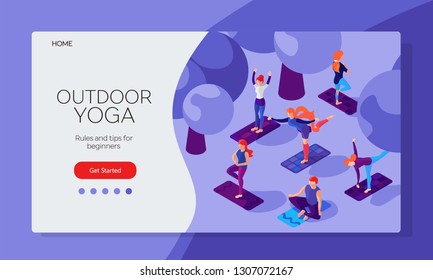 Outdoor yoga in nature. Web page template. Training in town park. People in asanas. Yoga lessons. Isometric 3d flat design 