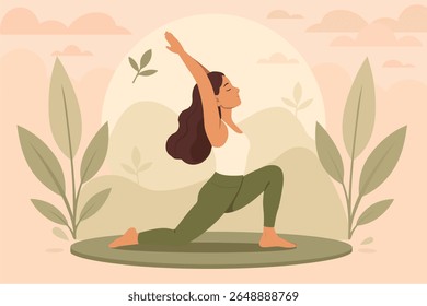 Outdoor yoga on mountain landscape — woman practicing warrior pose on mat surrounded by leaves and clouds vector EPS 10