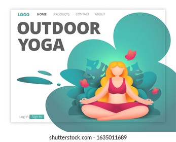 Outdoor yoga website in cartoon style. Landing page template. Young woman. Summer recreation. Outdoor activity. Yoga practice. Fitness people training.