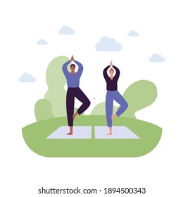 Outdoor yoga workout concept. Vector flat illustration. Couple of african american man and mixed ethic woman standing in tree asana exercise on nature background. Healthy lifestyle symbol.