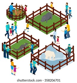 Outdoor zoo park with wild animals in open enclosures and visitors isometric composition banner abstract vector illustration
