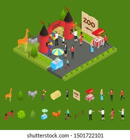 Outdoor Zoo with Wild Animals and Elements Concept 3d Isometric View Family Recreation and Leisure. Vector illustration of Summer Scene