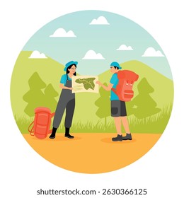 An outdoor-loving couple looks at a map while observing a trail, surrounded by lush greenery and sunshine. Couple hiking adventure concept.