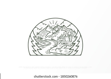 outdoor-nature-mountain monoline-line art illustration design, for the needs of printing merchandise, apparel and clothing