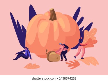 Outdoors Activities in Autumn Season, Happy Male and Female Characters Spend Time Pick Up Fallen Yellow Leaves for Herbarium, Pumpkin Crop, Acorn. Fall Outdoor Leisure Cartoon Flat Vector Illustration
