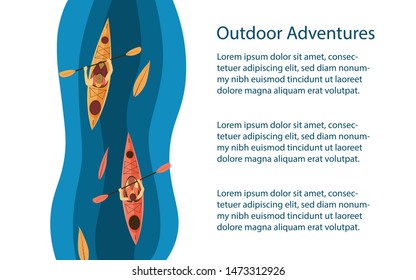 Outdoors activities background or banner. Kayak among leaves in the river. Outdoor, rafting, kayaking tour, adventures advertisement. Vector illustration